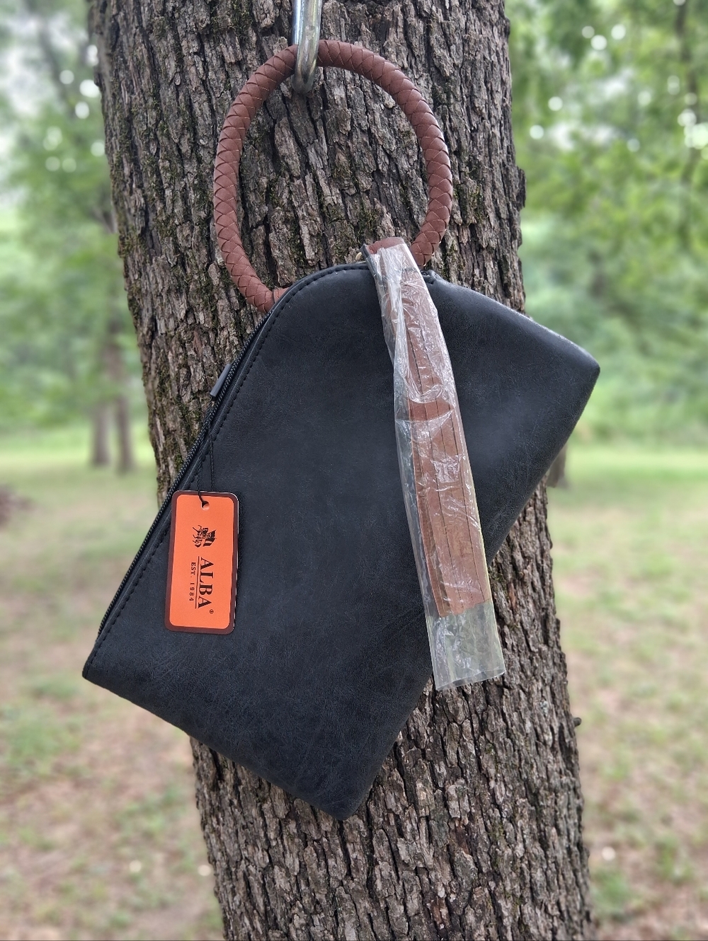 Alba Black Clutch with Brown Braided Wrist Handle